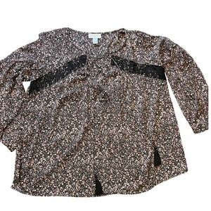 LOFT Outlet Blouse XS Floral Black Pink Lace Trim Long Sleeve Top Boho Feminine